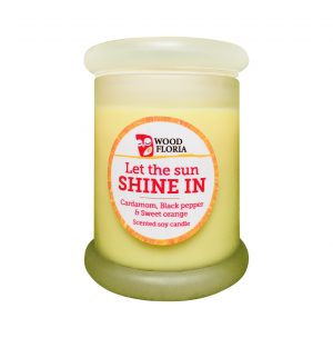 Let the Sunshine In Candle (20hr burn time) Scented soy candle. Infused with Cardamom, Black Pepper & Sweet Orange. Woodfloria